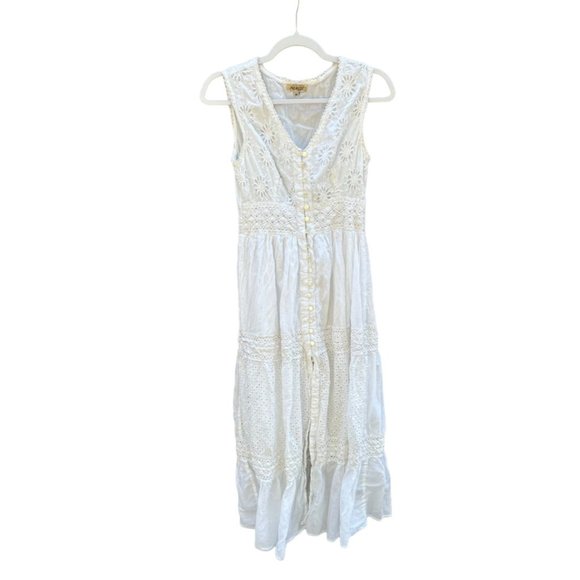 Magic Dresses & Skirts - Magic Womans M White Boho Gauze Sleeveless Lace & Eyelet Long Dress Split Front